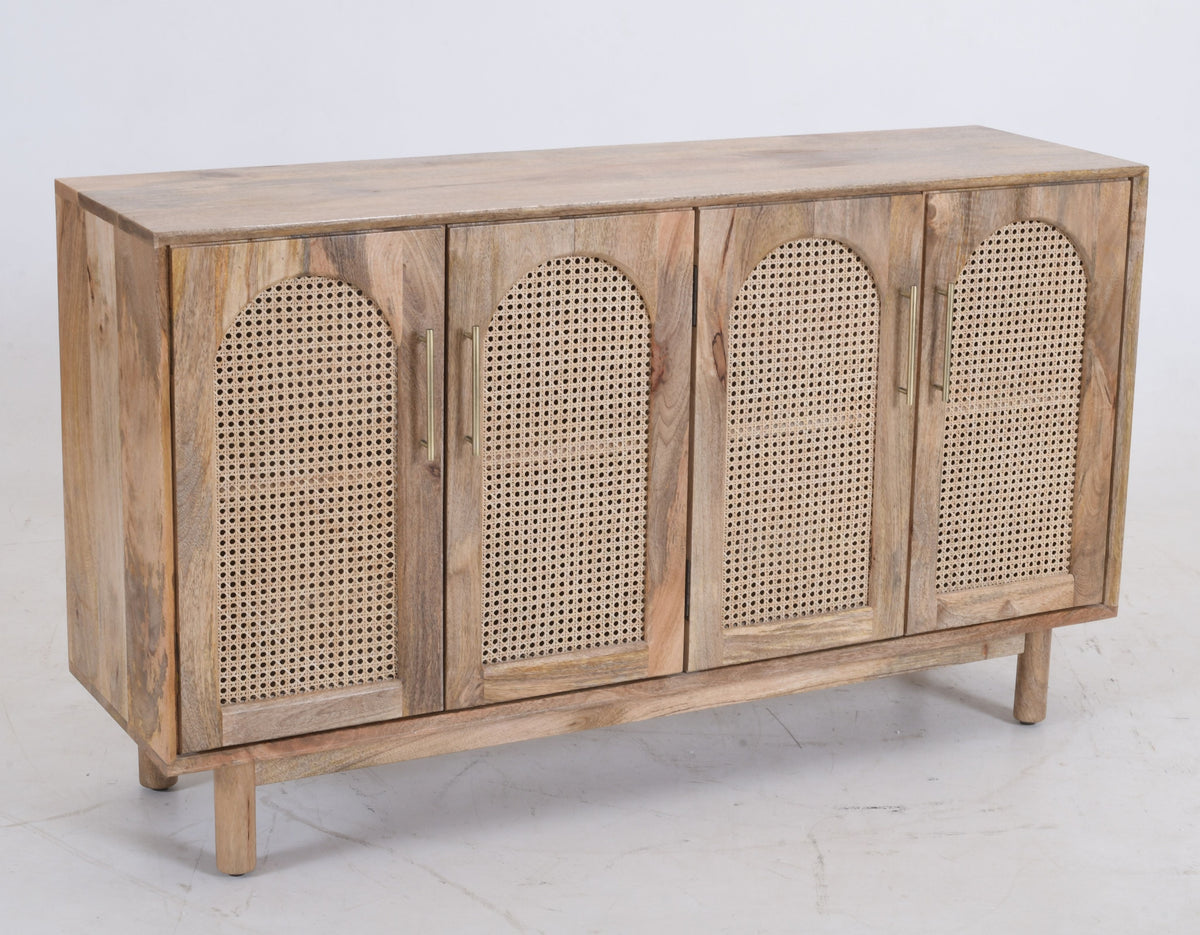 Arched Rattan & Solid Mango Wood Sideboard – 4-Door Buffet Cabinet (140cm)