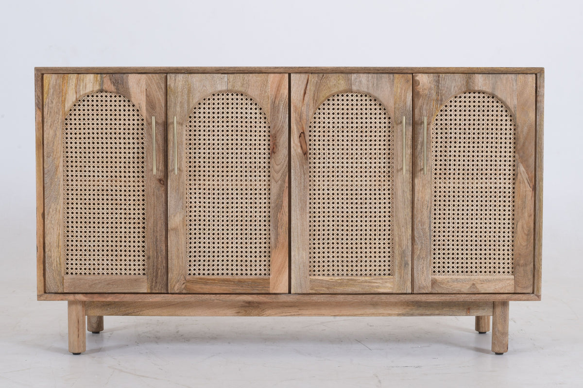 Arched Rattan & Solid Mango Wood Sideboard – 4-Door Buffet Cabinet (140cm)