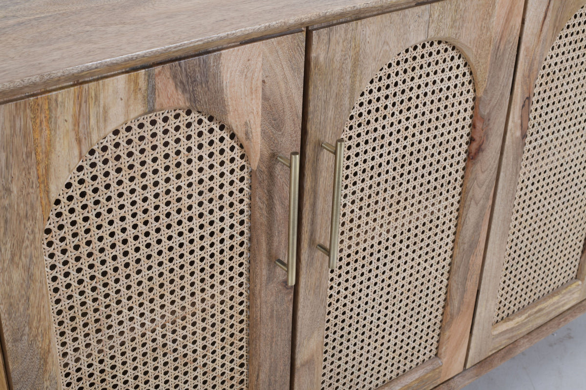 Arched Rattan & Solid Mango Wood Sideboard – 4-Door Buffet Cabinet (140cm)