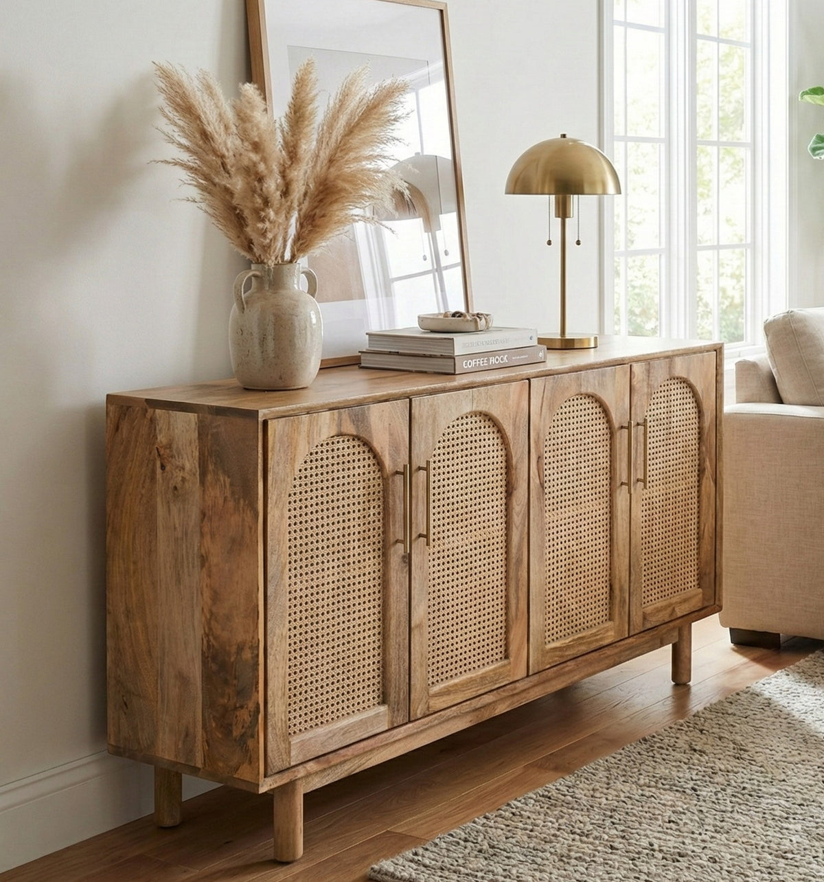 Arched Rattan & Solid Mango Wood Sideboard – 4-Door Buffet Cabinet (140cm)
