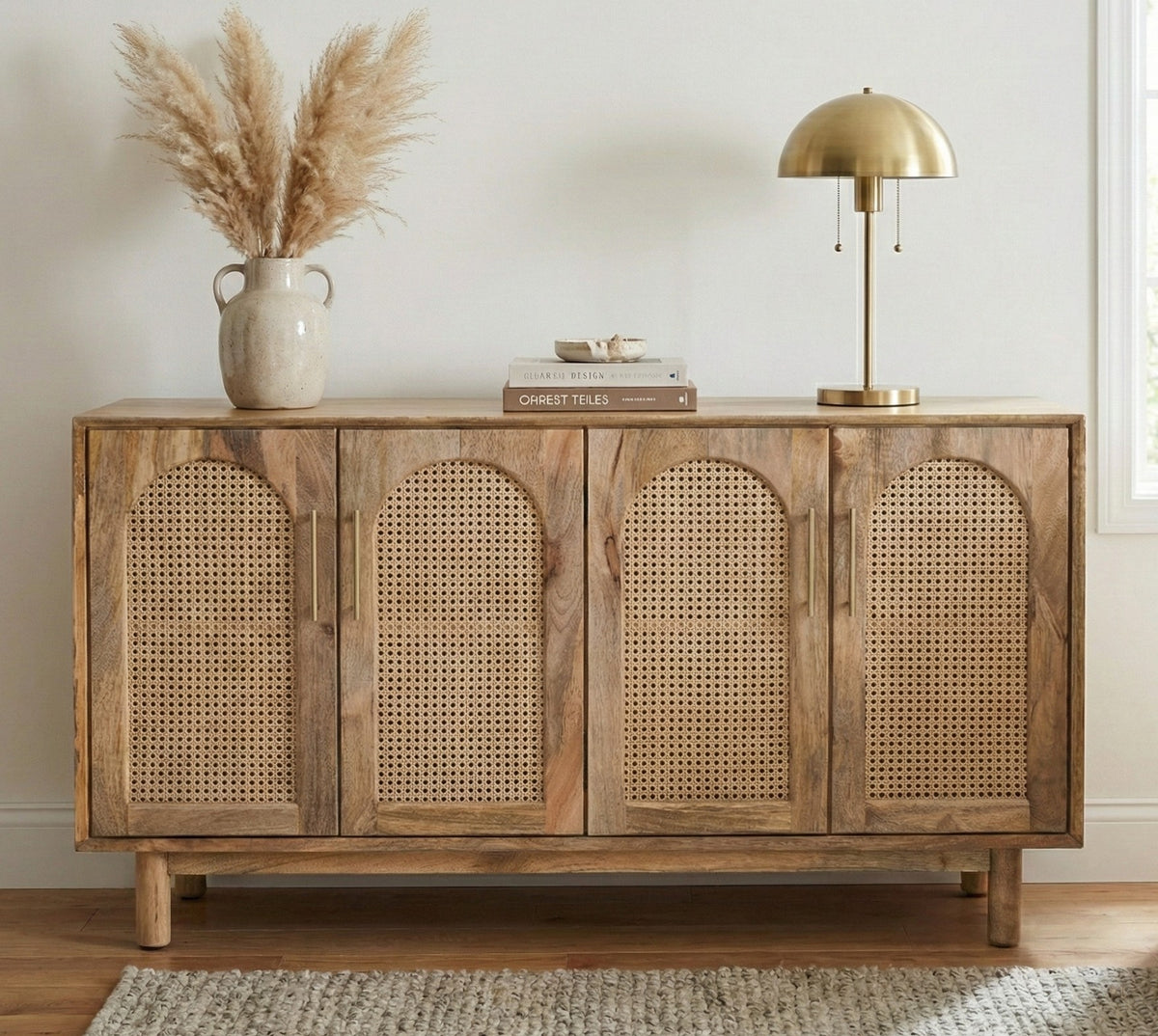 Arched Rattan & Solid Mango Wood Sideboard – 4-Door Buffet Cabinet (140cm)