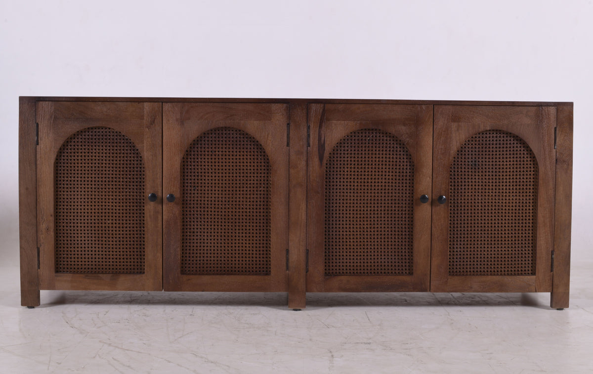 Dark Mango Wood & Rattan 4-Door Sideboard – Arched Design (200cm)