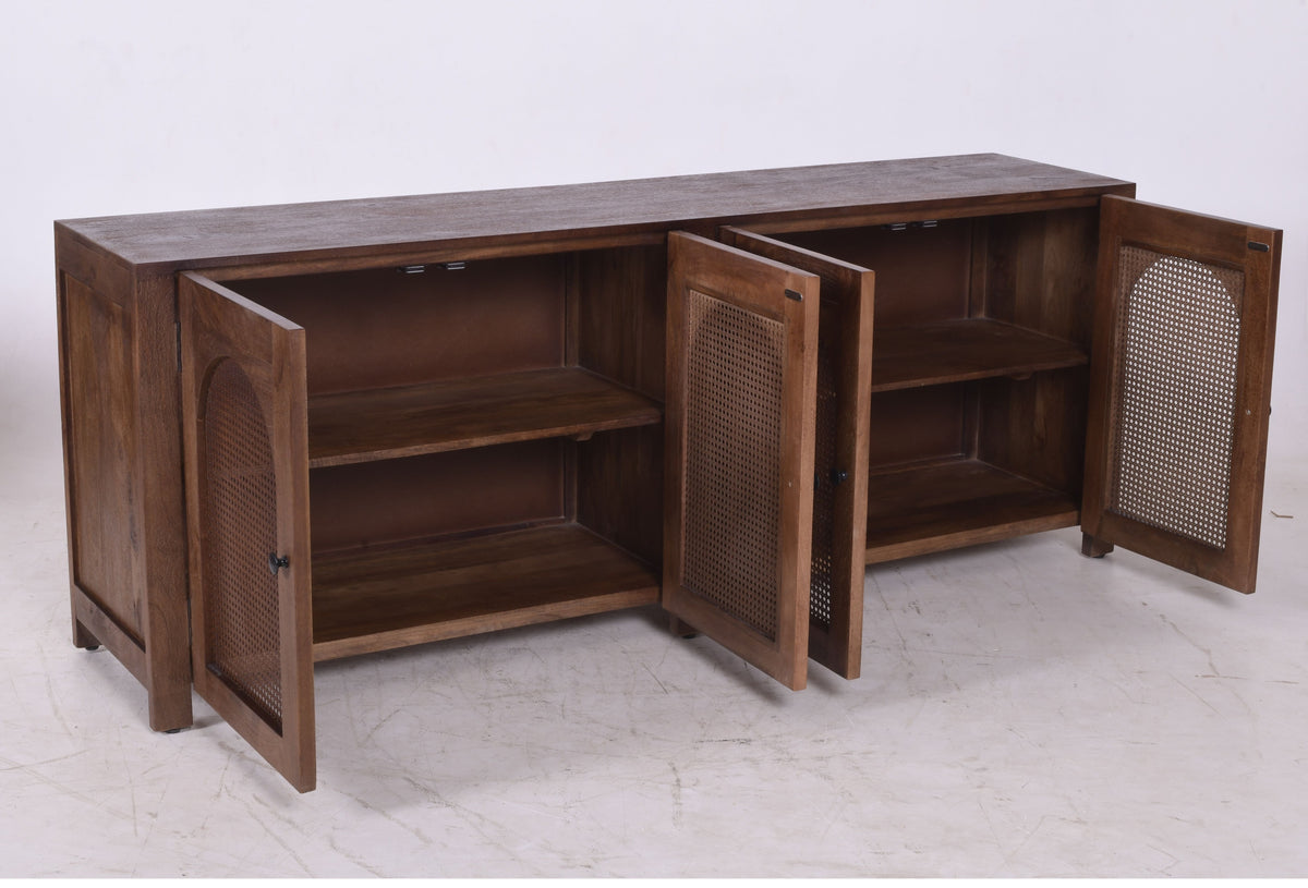 Dark Mango Wood & Rattan 4-Door Sideboard – Arched Design (200cm)