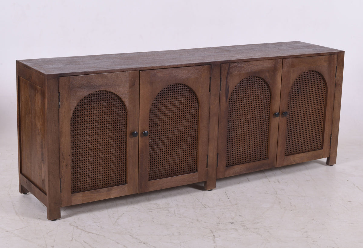 Dark Mango Wood & Rattan 4-Door Sideboard – Arched Design (200cm)