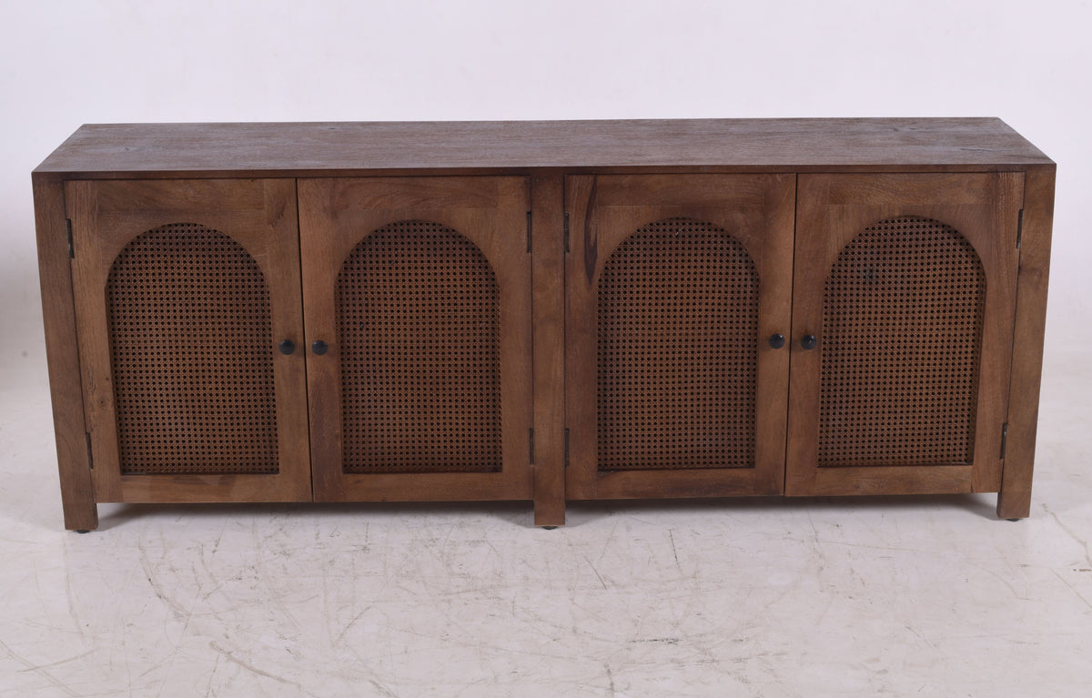 Dark Mango Wood & Rattan 4-Door Sideboard – Arched Design (200cm)