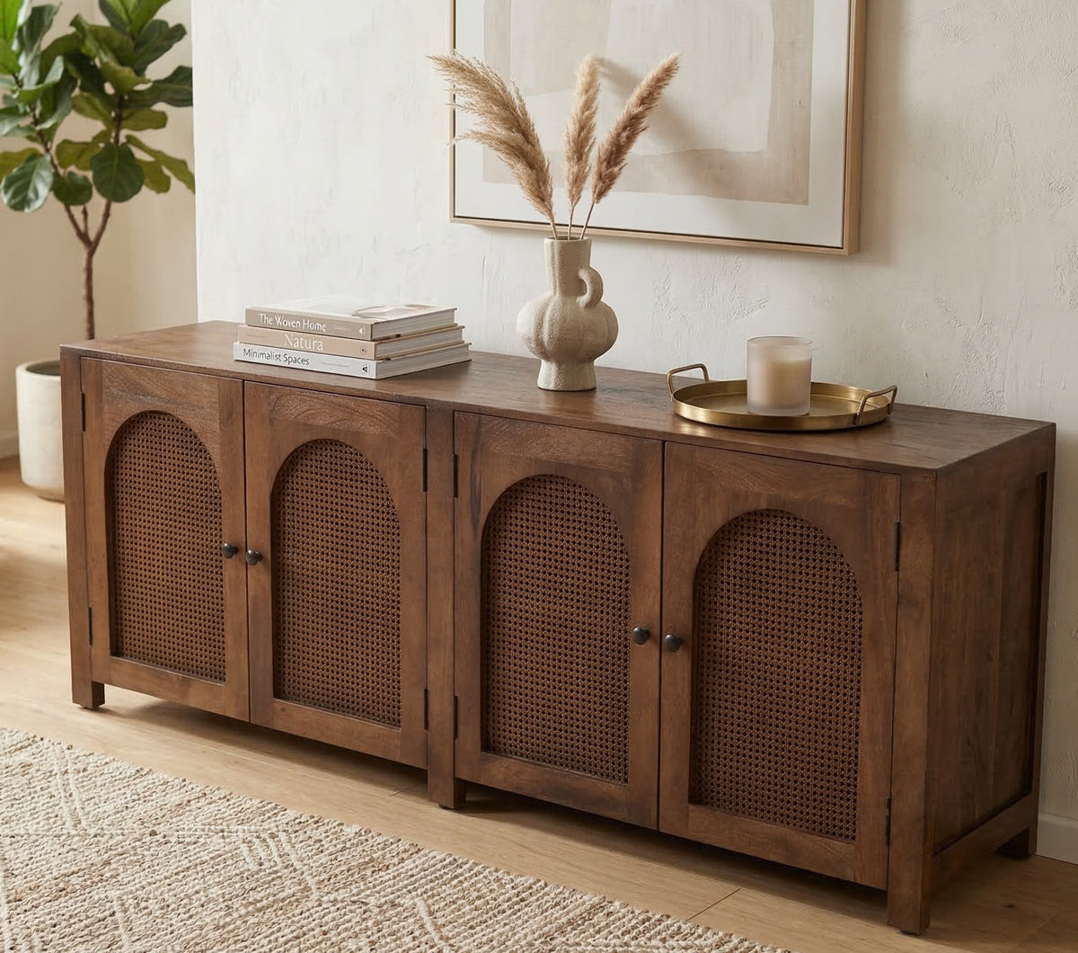 Dark Mango Wood & Rattan 4-Door Sideboard – Arched Design (200cm)