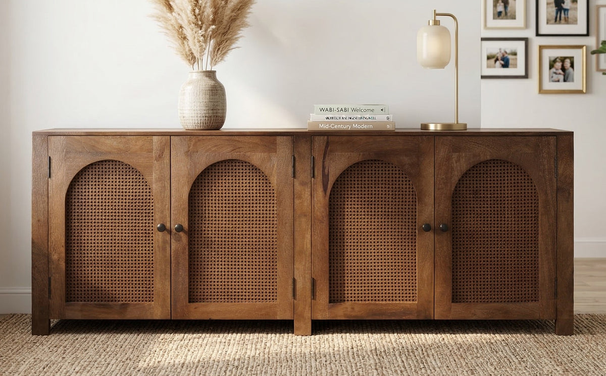 Dark Mango Wood & Rattan 4-Door Sideboard – Arched Design (200cm)