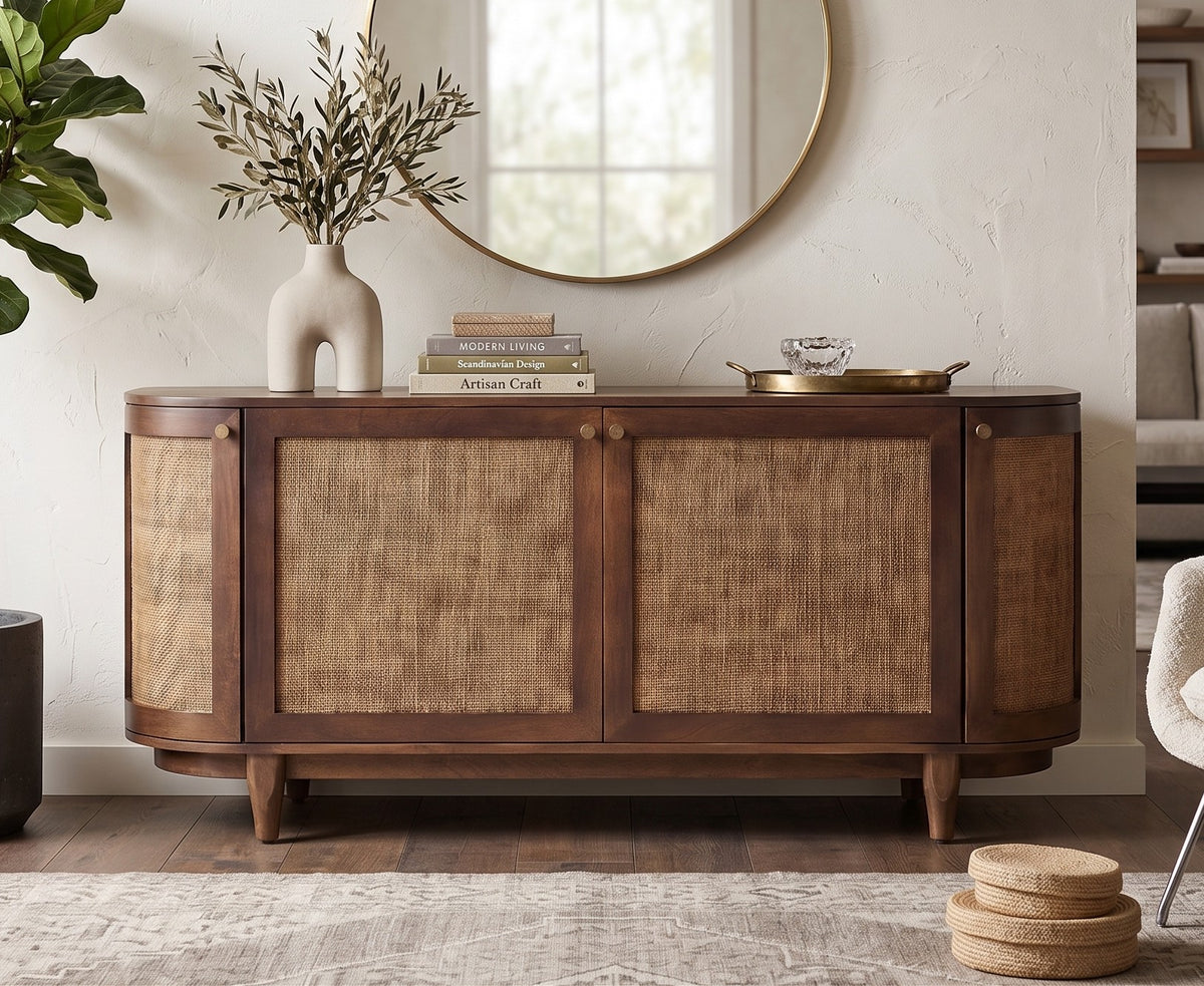 Bohemia Dark Walnut Mango Wood & Rattan Sideboard | 4 Rattan Doors | 172 cm