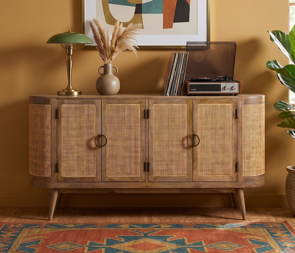 Bohemia Mango Wood & Rattan Sideboard | 4 Rattan Doors | Natural | 172 cm
