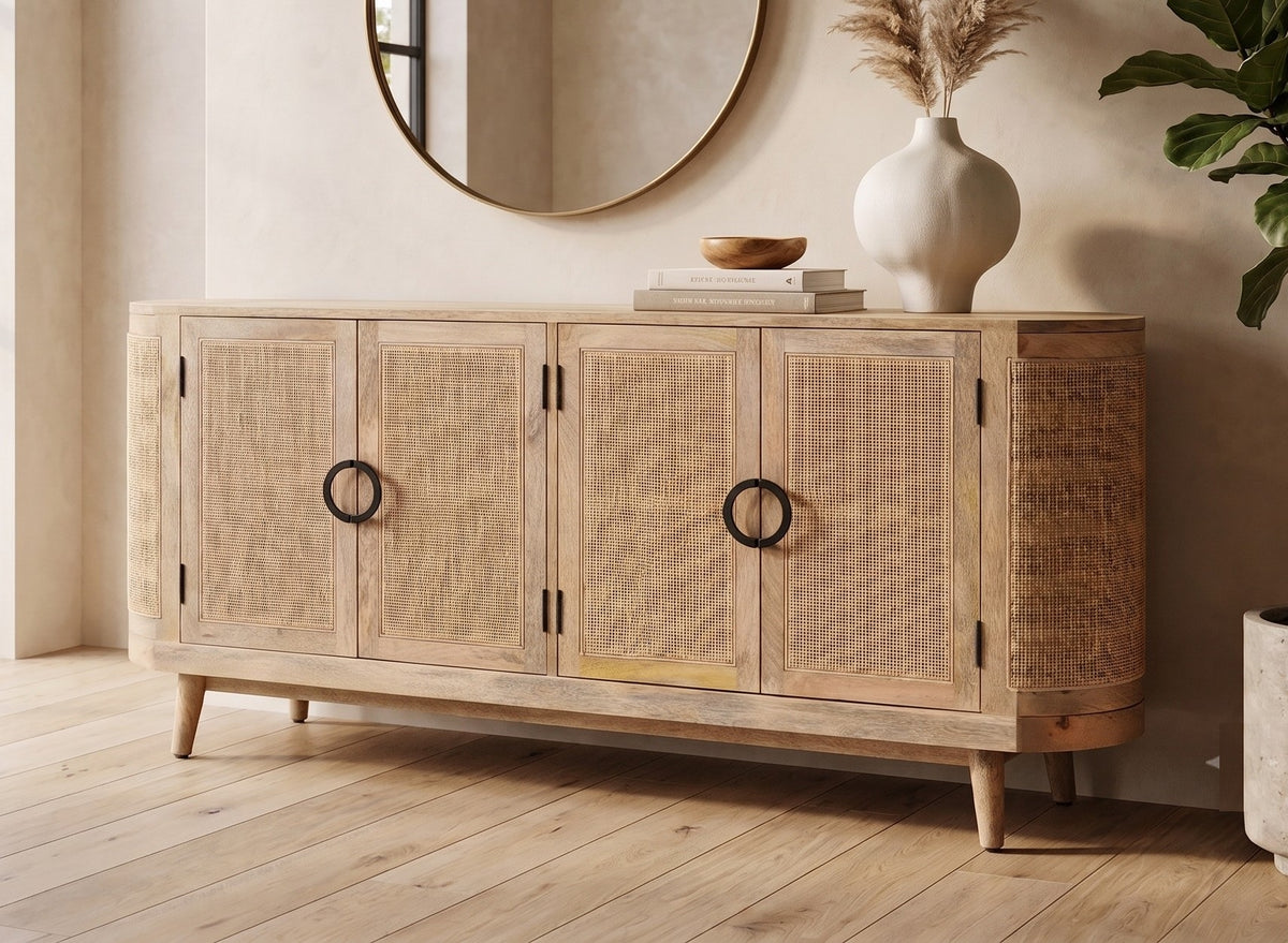 Bohemia Mango Wood & Rattan Sideboard | 4 Rattan Doors | Natural | 172 cm