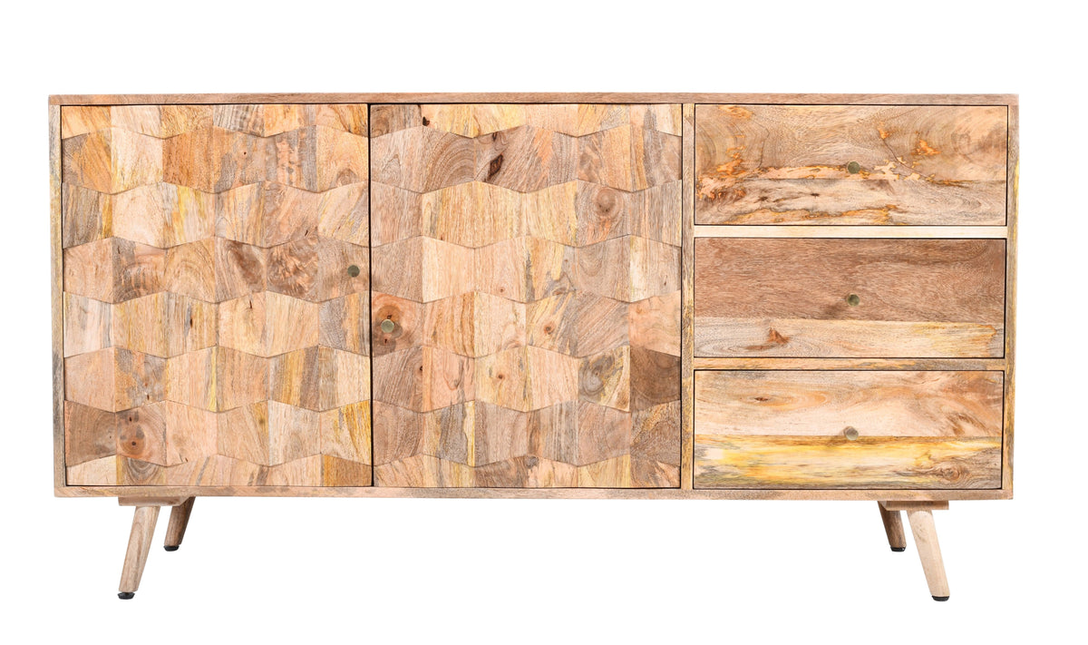 Solid Mango Wood Large Sideboard (145cm) – 3 Drawers & 2 Doors (Geometric Design)