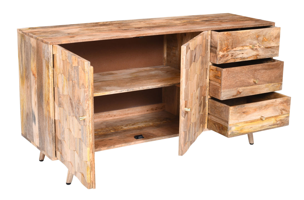 Solid Mango Wood Large Sideboard (145cm) – 3 Drawers & 2 Doors (Geometric Design)