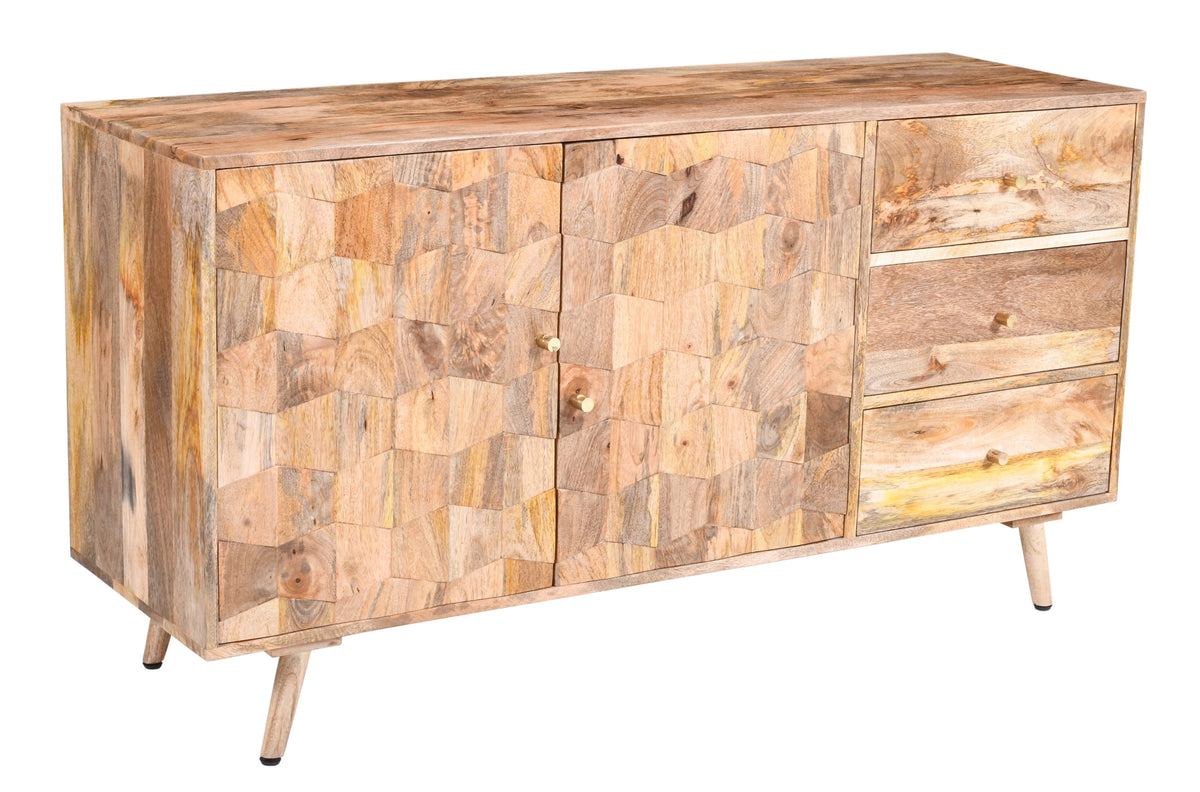 Solid Mango Wood Large Sideboard (145cm) – 3 Drawers & 2 Doors (Geometric Design)