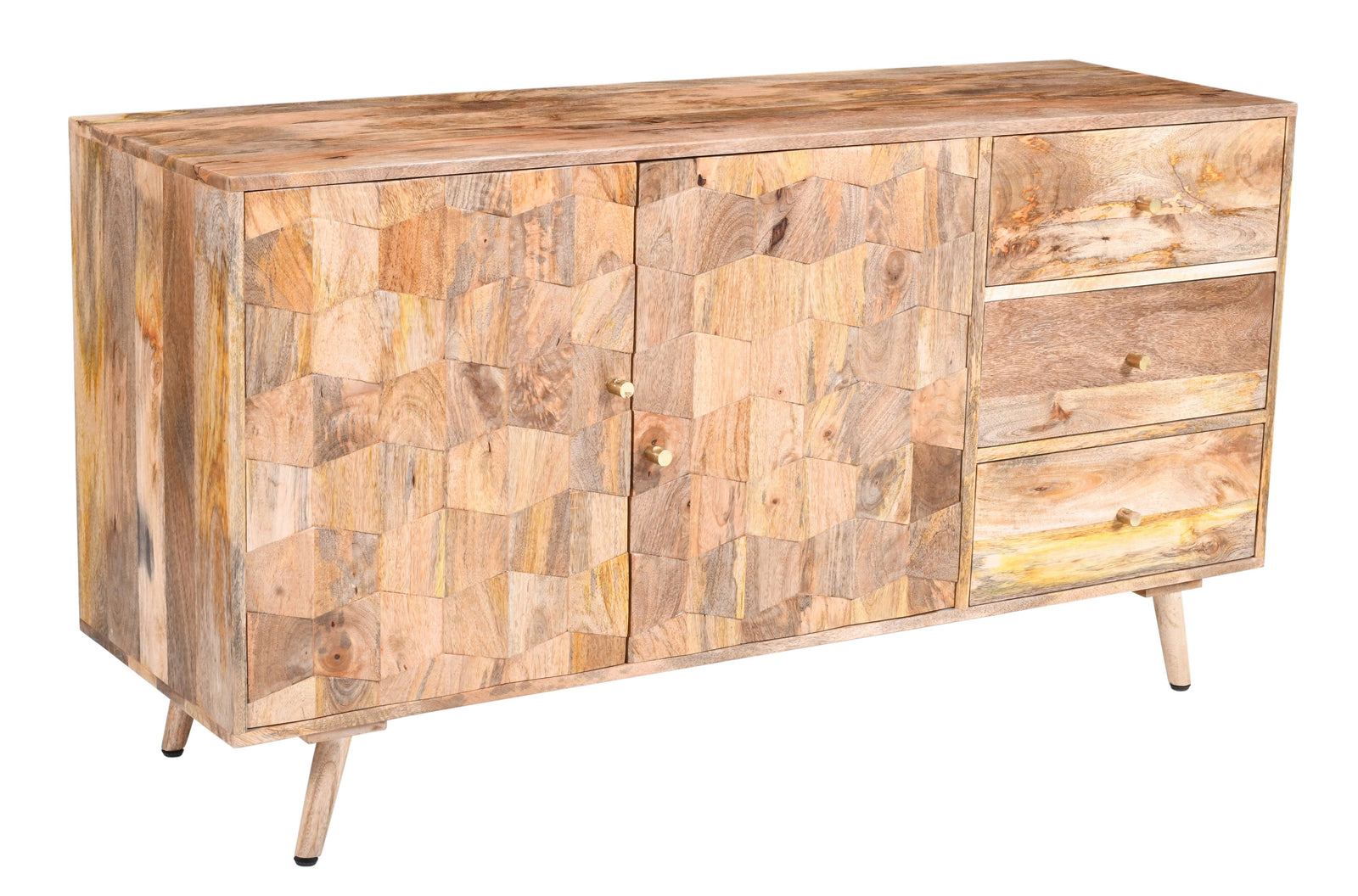 Solid Mango Wood Large Sideboard (145cm) – 3 Drawers & 2 Doors (Geometric Design) – shown in a styled room setting