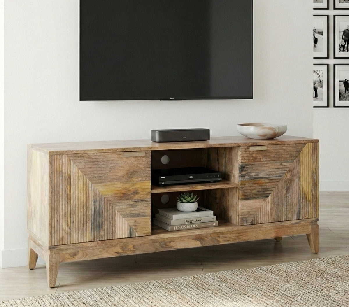 Solid Mango Wood TV Unit | Geometric Ribbed Media Console | 151cm