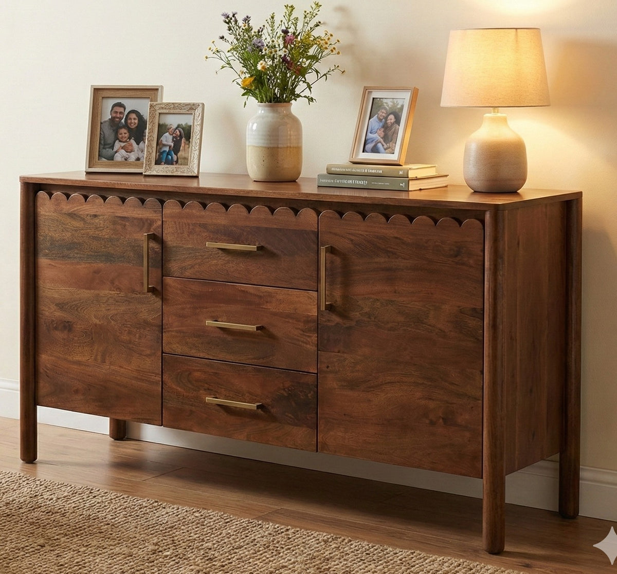 Savoy Solid Mango Wood Scalloped Sideboard – 2 Door, 3 Drawer (145 cm)