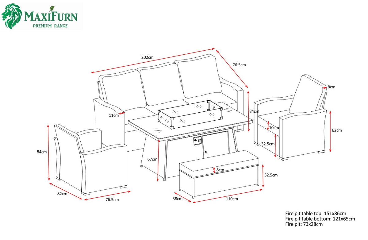 Icon Luxury Rattan 3 Seater Sofa, 2 x Chairs, Bench and Fire Pit Table - Light Grey