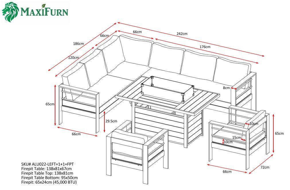 Aluminium Left Corner Sofa + 1 + 1 + Fire Pit Table Garden Set in Grey