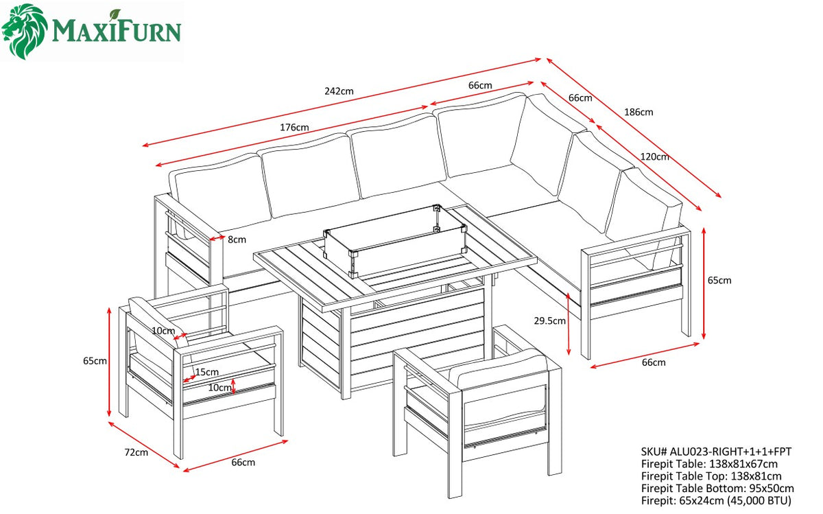 Aluminium Right Corner Sofa + 1 + 1 + Fire Pit Table Garden Set in Grey