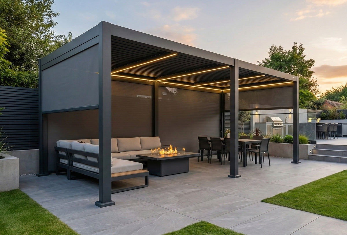 SplitZone™ 3×6m Grey Aluminium Pergola with LEDs, Mid-Beam Louvred Roof & Blinds