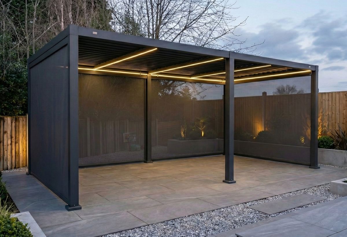 SplitZone™ 3×6m Grey Aluminium Pergola with LEDs, Mid-Beam Louvred Roof & Blinds