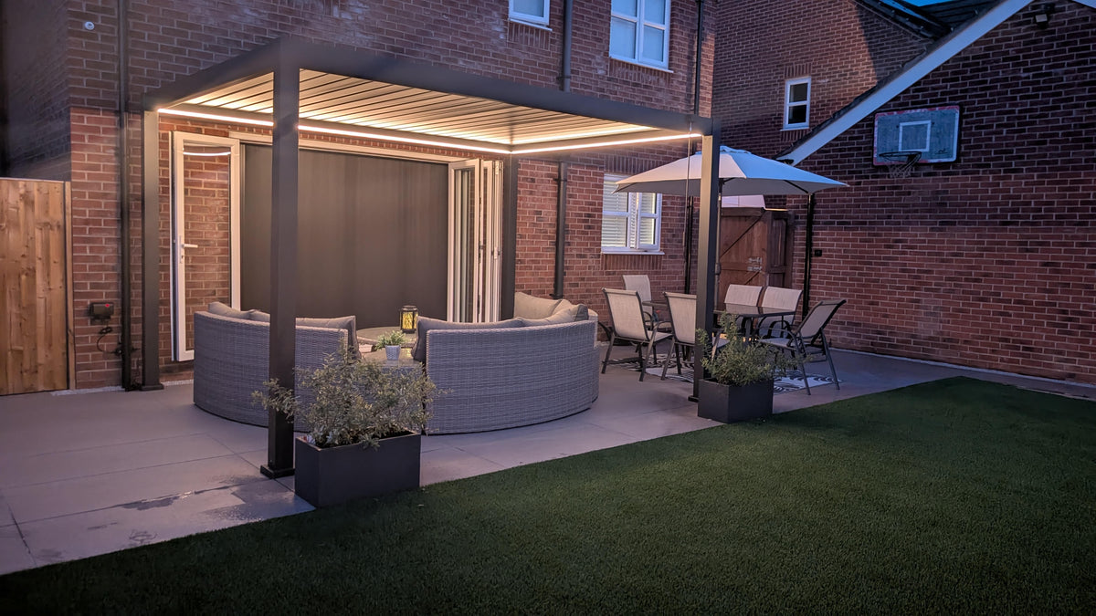 LuxShade™ 3×4m Aluminium Pergola with LEDs, Double-Layered Louvred Roof &amp; 3 Blinds