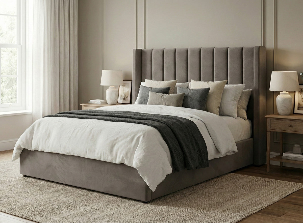 Wingback Ottoman Storage Bed - Grey Velvet Fabric 5ft King