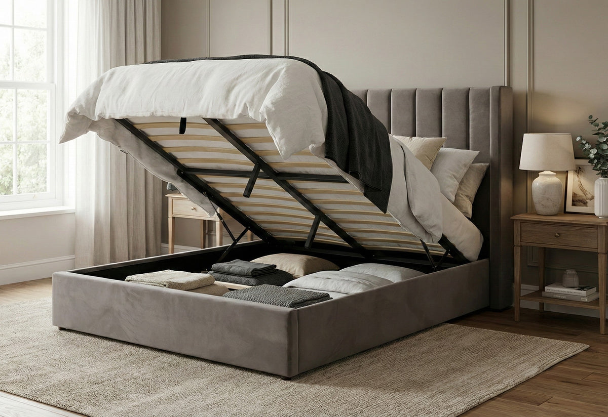 Wingback Ottoman Storage Bed - Grey Velvet Fabric 5ft King