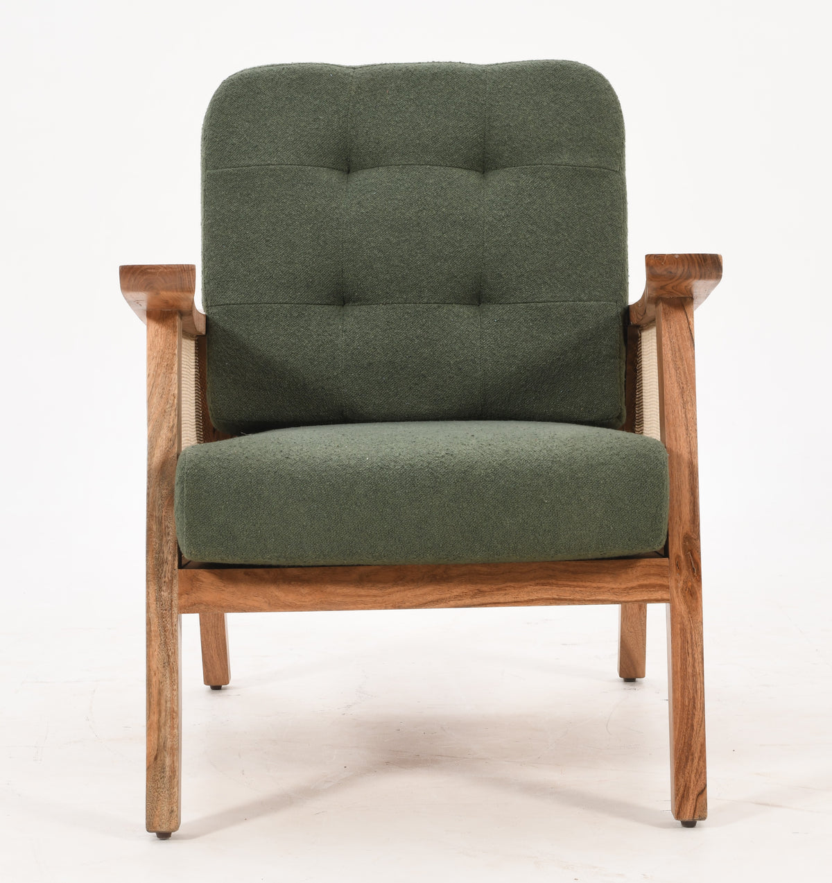 Mid Century Rattan Accent Chair - Solid Acacia Wood &amp; Green Boucle Fabric