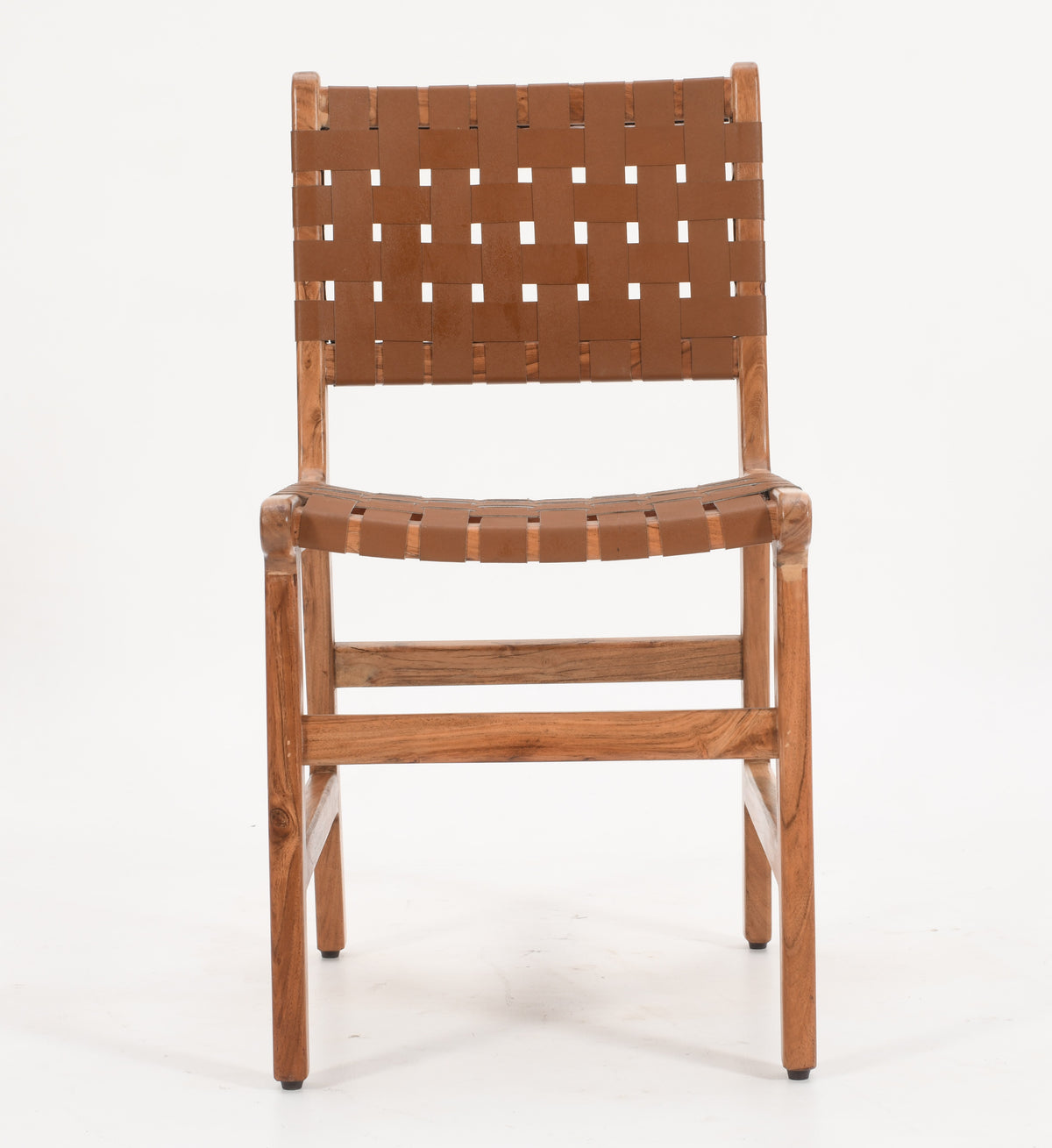 2 x Solid Acacia Wood Dining Chairs | Woven Tan Leather (Set of 2)