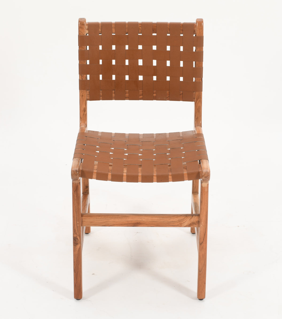 2 x Solid Acacia Wood Dining Chairs | Woven Tan Leather (Set of 2)