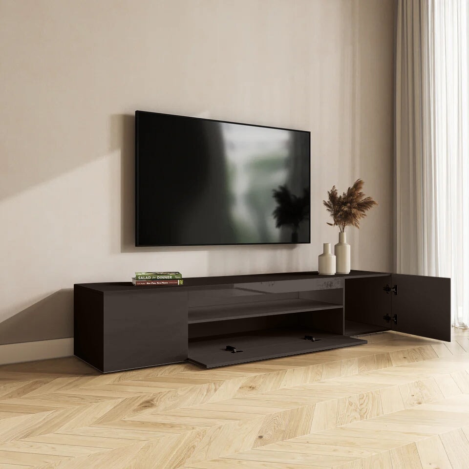Enzo Modern 2 Doors 1 Drawers LED Low TV Stand Media Unit (160cms) High Gloss Black TV Unit Casa Maria Designs 