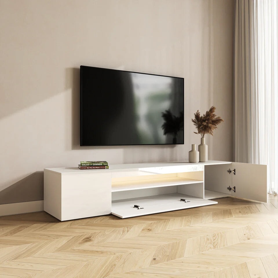 Enzo Modern 2 Doors 1 Drawers LED Low TV Stand Media Unit (160cms) High Gloss White TV Unit Casa Maria Designs 