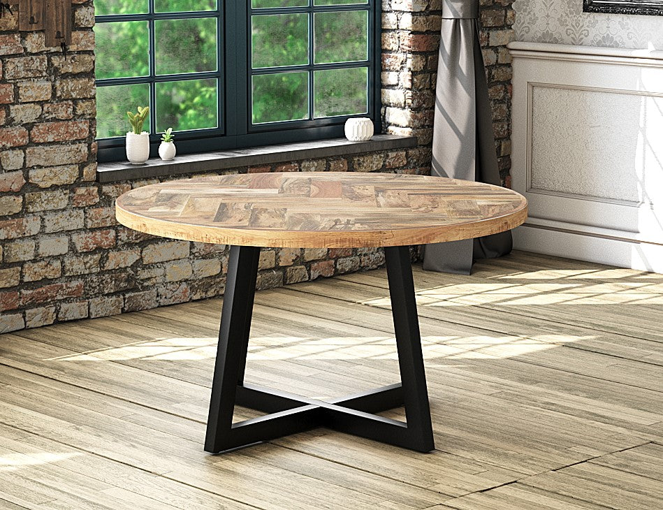 Round Solid Mango Wood Dining Table | Herringbone Design - 140cms