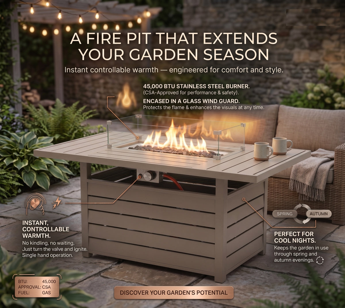Aluminium Right-Hand Corner Garden Sofa Set with Fire Pit Table & Armchairs – Taupe / Natural (Copy)