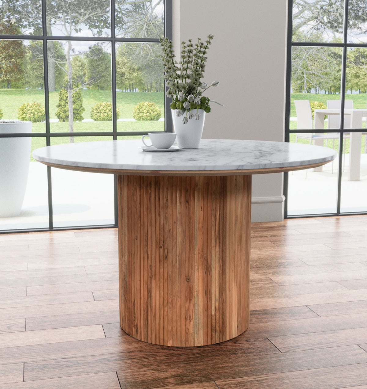 Usha Round Solid Natural Acacia Wood Dining Table | Real Marble - 120cms