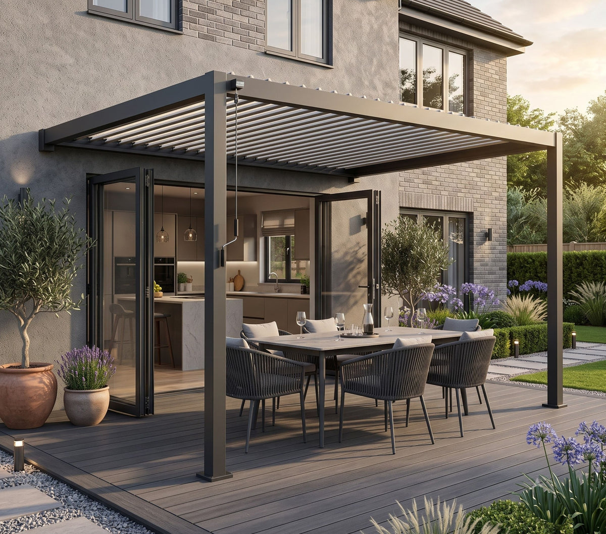 EdgeShade™ 3m x 4m Wall-Mounted Aluminium Pergola, Louvred Roof, RGBW LEDs –  Grey