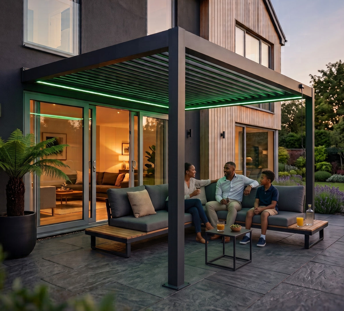 EdgeShade™ 3m x 4m Wall-Mounted Aluminium Pergola, Louvred Roof, RGBW LEDs –  Grey