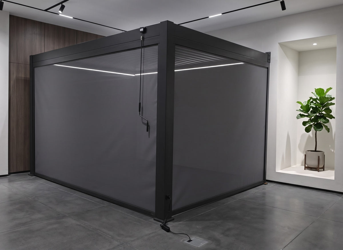 EdgeShade™ 3m x 4m Wall-Mounted Aluminium Pergola, Louvred Roof, RGBW LEDs & 3 Zip Windscreens –  Grey