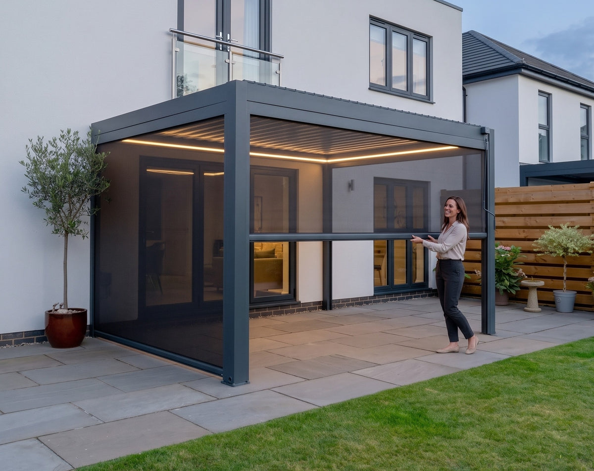 EdgeShade™ 3m x 4m Wall-Mounted Aluminium Pergola, Louvred Roof, RGBW LEDs & 3 Zip Windscreens –  Grey