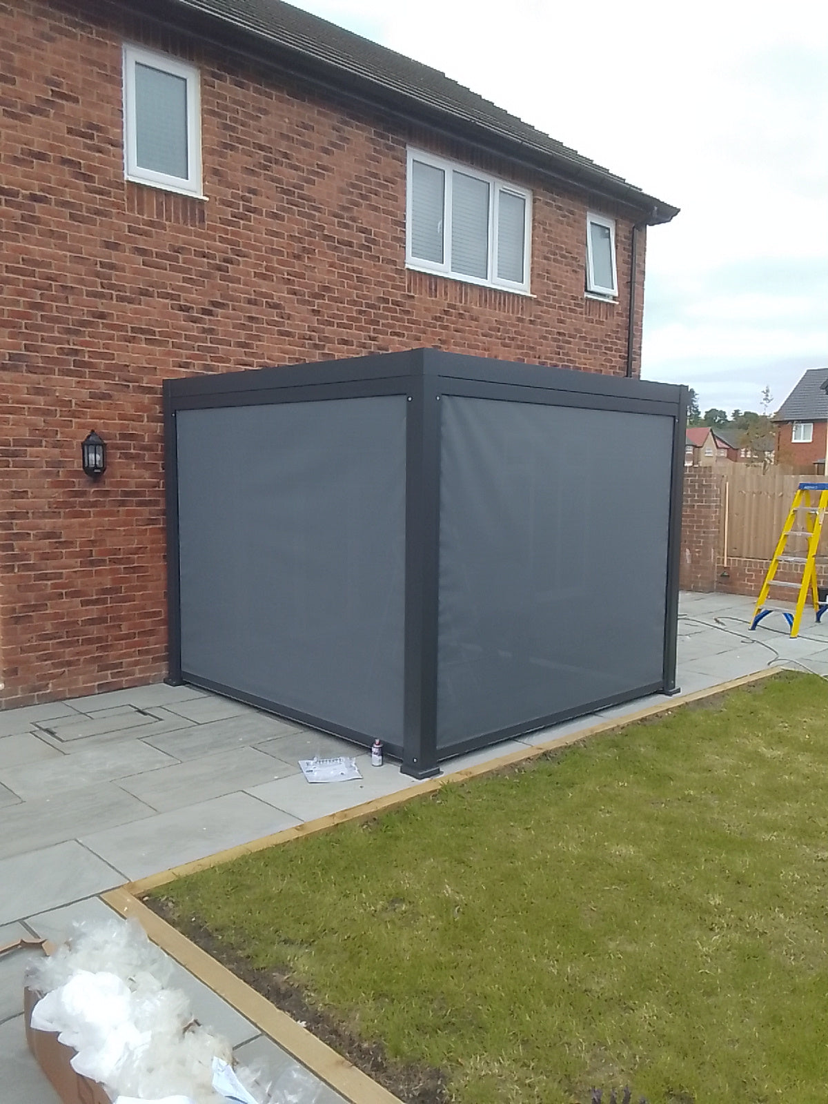 LuxShade™ 3×3m Aluminium Pergola with LEDs, Double-Layered Louvred Roof &amp; 3 Blinds