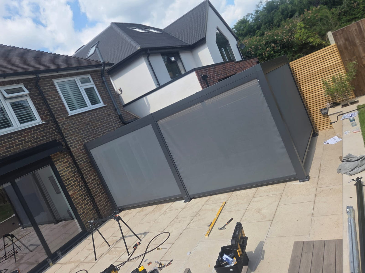 SplitZone™ 3×6m Grey Aluminium Pergola with LEDs, Mid-Beam Louvred Roof + Windscreens