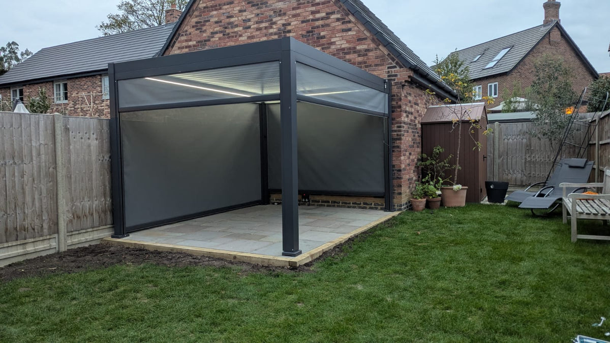 LuxShade™ 3×4m Aluminium Pergola with LEDs, Double-Layered Louvred Roof &amp; 3 Blinds