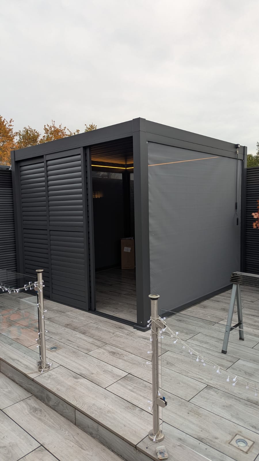 LuxShade™ 3×3m Aluminium Pergola with LEDs, Double-Layered Louvred Roof & 3 Blinds