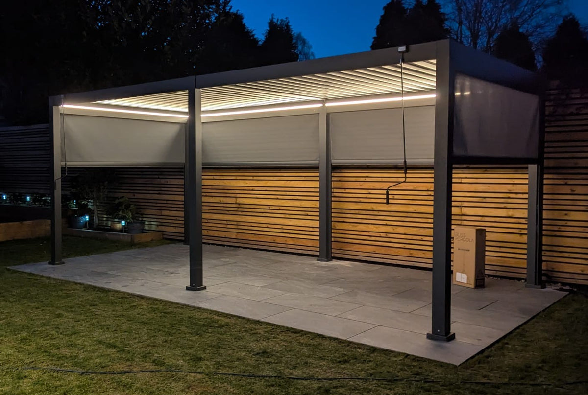 LuxShade™ 3×6m Aluminium Pergola with LEDs, Double-Layered Louvred Roof & Blinds