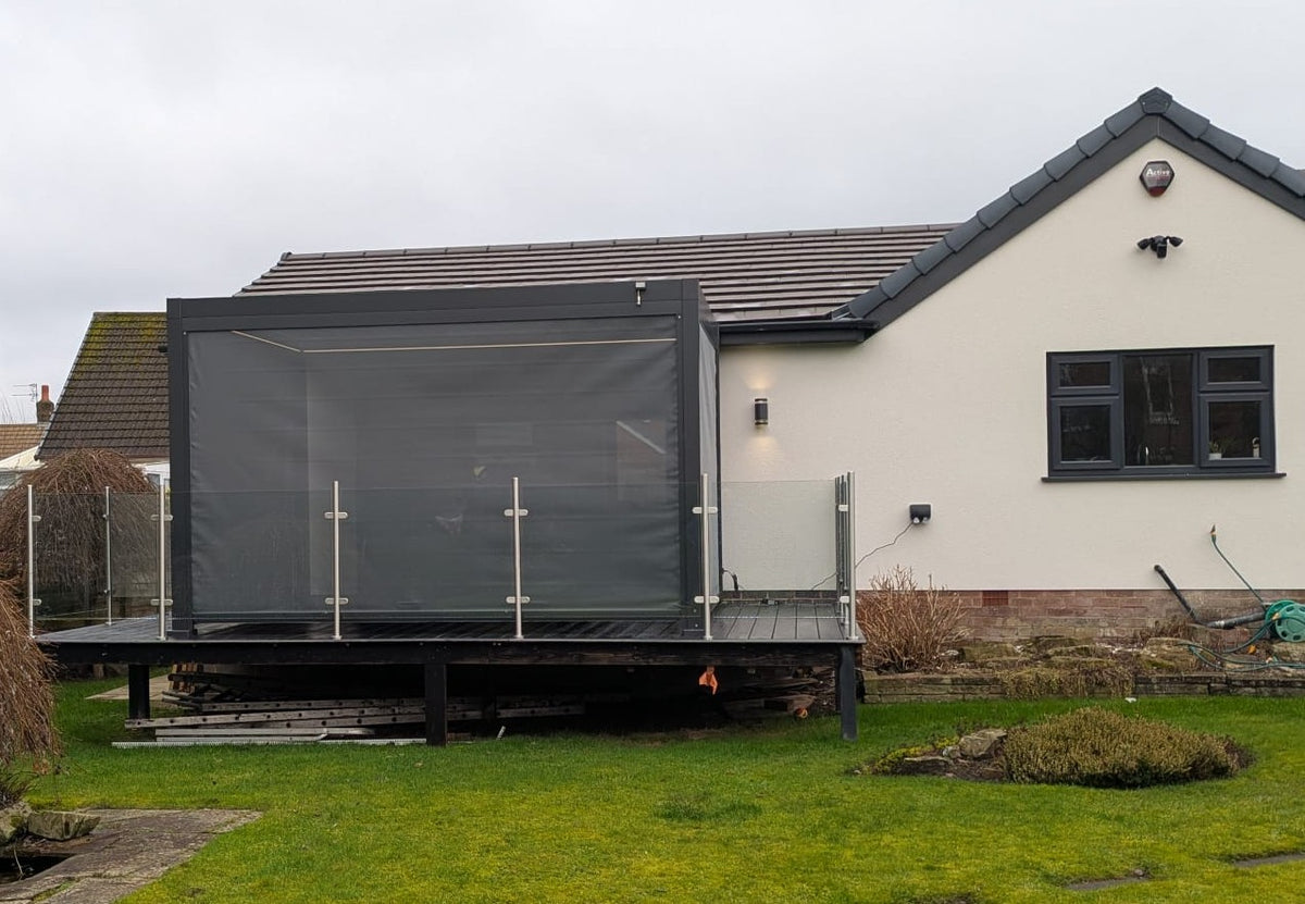 LuxShade™ 3×4m Aluminium Pergola with LEDs, Double-Layered Louvred Roof & 3 Blinds