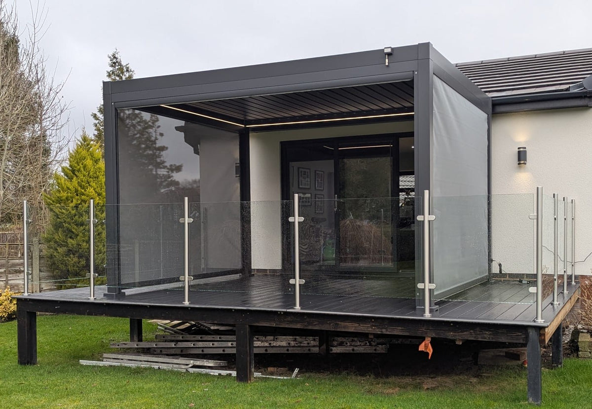 LuxShade™ 3×4m Aluminium Pergola with LEDs, Double-Layered Louvred Roof & 3 Blinds