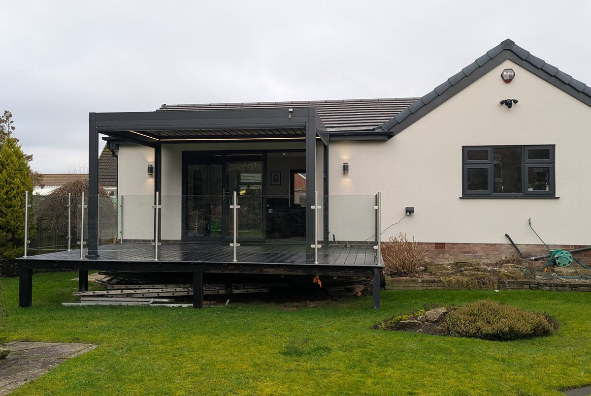 LuxShade™ 3×4m Aluminium Pergola with LEDs, Double-Layered Louvred Roof