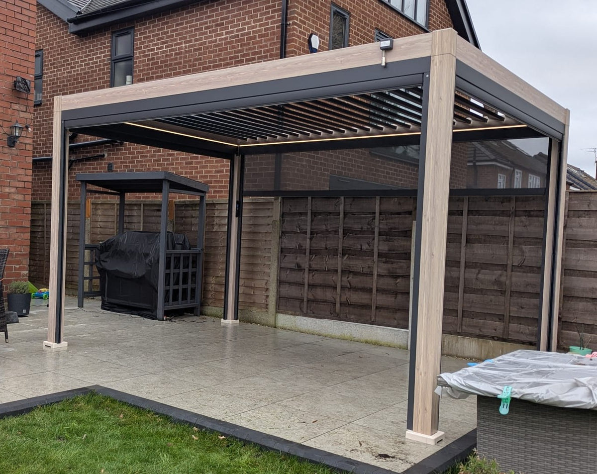 LuxShade™ 3×4m Wood Grain Aluminium Pergola with LEDs, Double-Layered Louvres