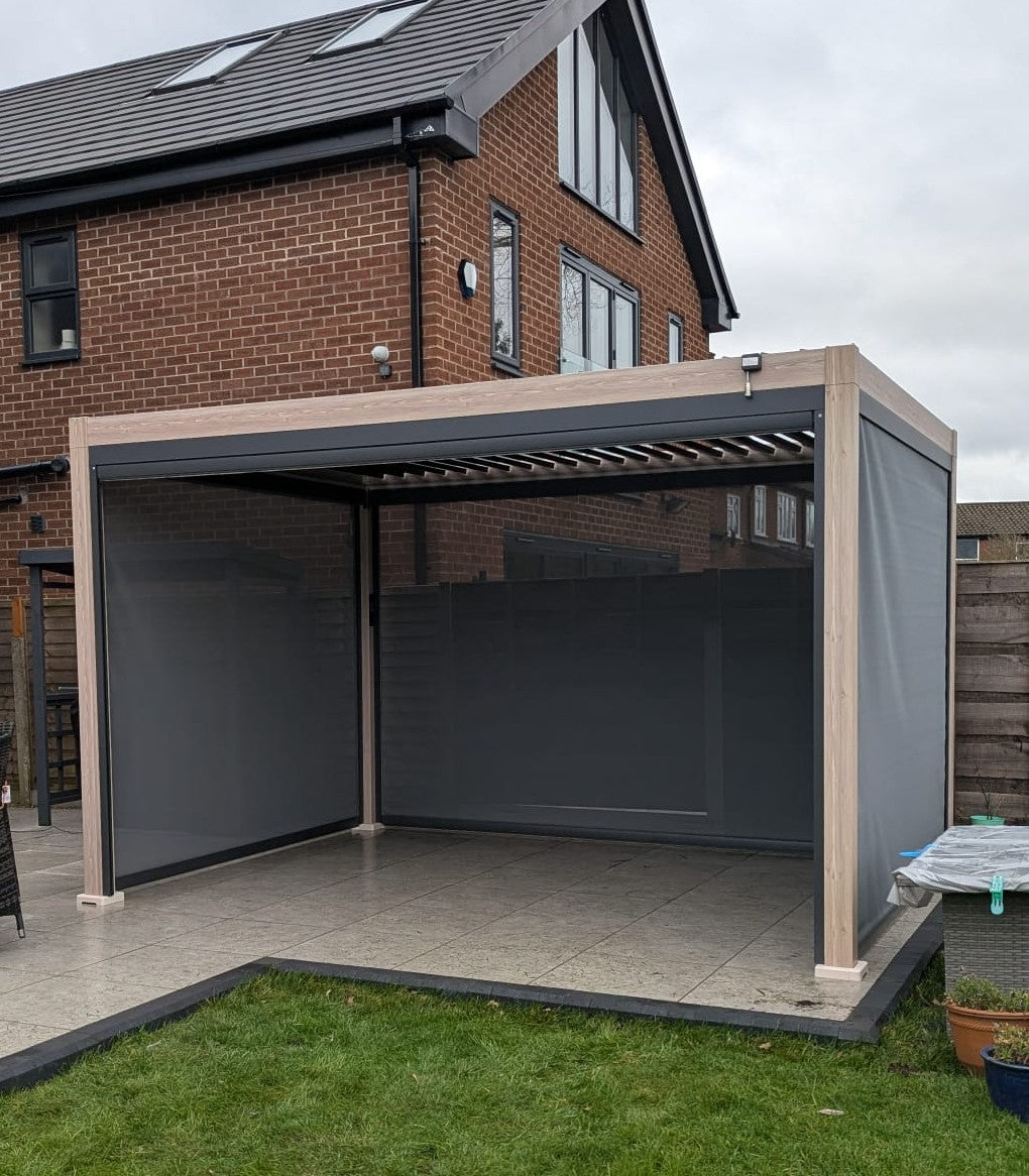 LuxShade™ 3×4m Wood Grain Aluminium Pergola with LEDs, Double-Layered Louvres & 3 Blinds